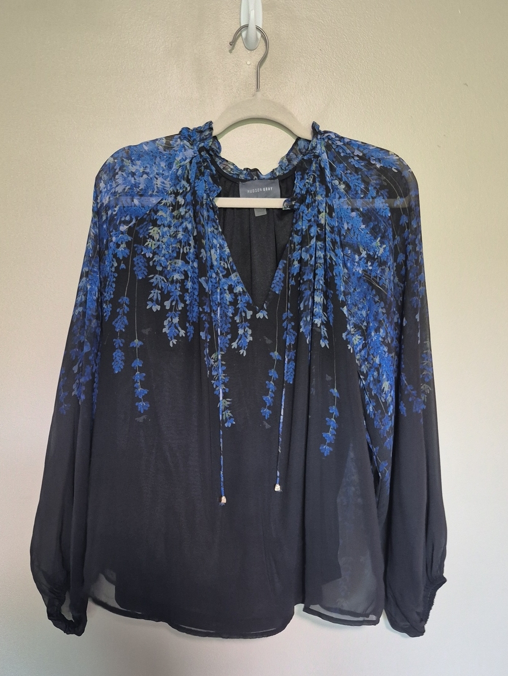 Blue Floral Tie-Neck Women's Blouse